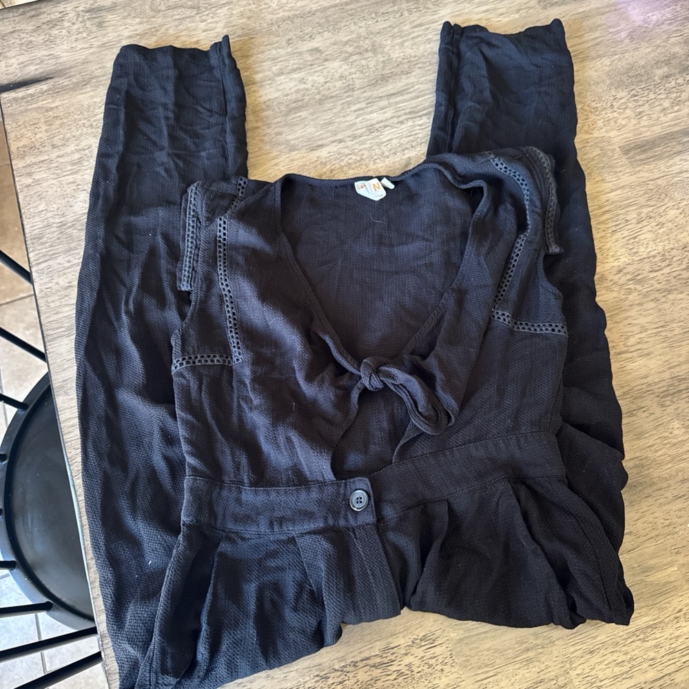 Anthropologie Black Tie-Front Jumpsuit with Crochet Trim
